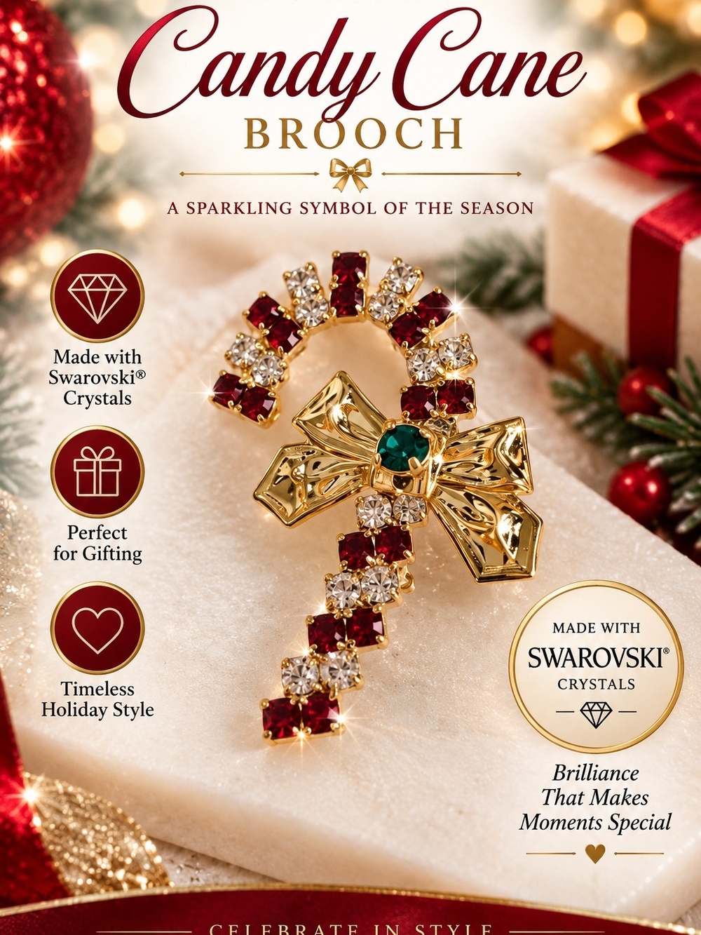 620 Gold Candy Cane Brooch with Red & Green Crystals